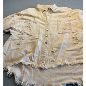 Polagram Distressed Denim Shirt Peach Oversized Frayed Hem Small Streetwear